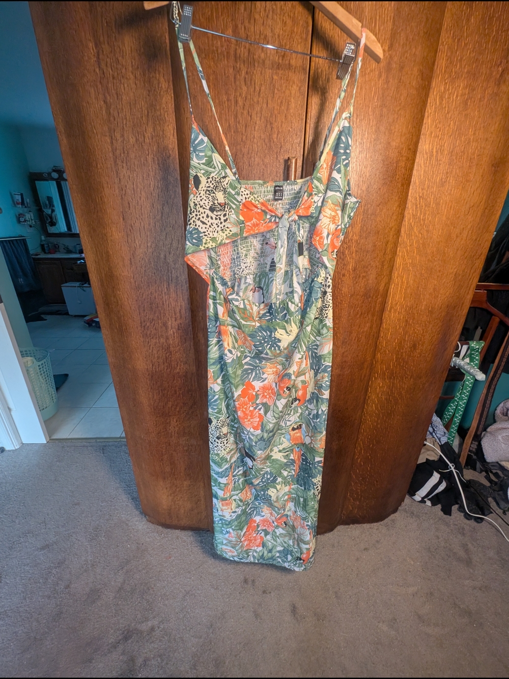 SHEIN Tropical Jungle Maxi Dress | XL | Leopard Parrot Floral Print | Tie Front